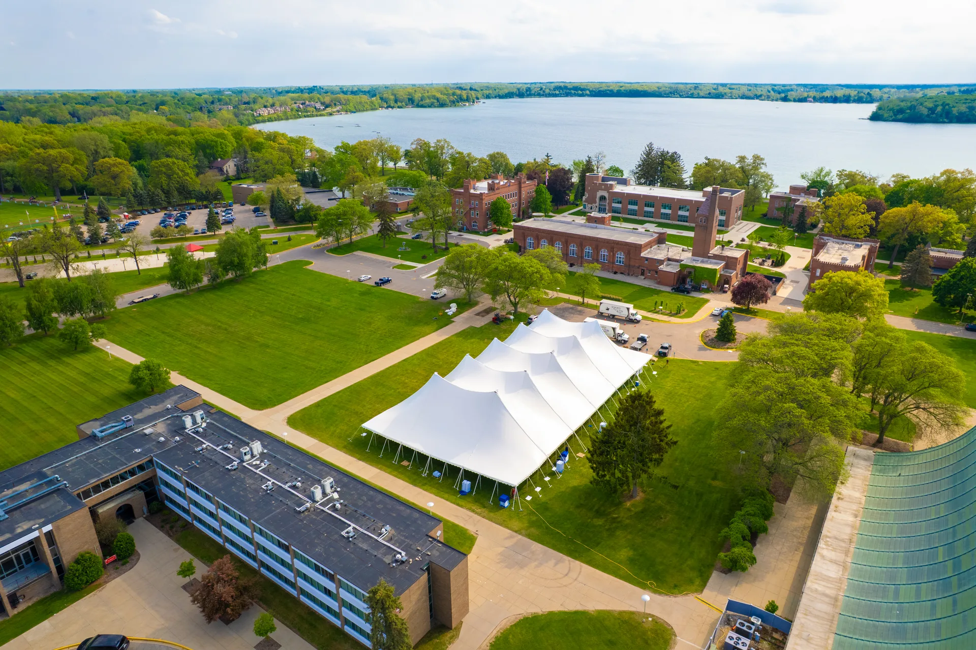High tension fabric tent set for a university commencement ceremony on a Michigan campus